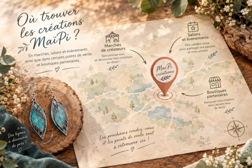 Carte indiquant où trouver les créations MaïPi lors des marchés de créateurs, salons et événements