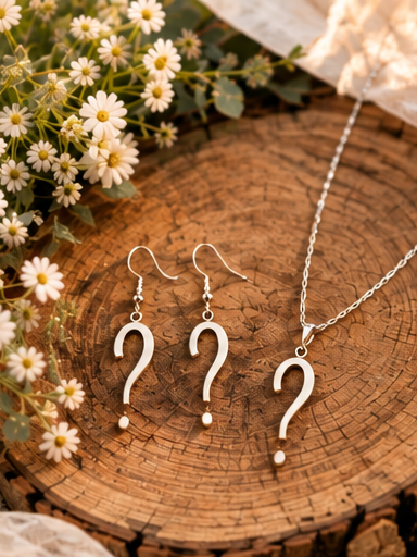Points d’interrogation symbolisant les bijoux en bois d'une parure de mariage MaïPi Créations